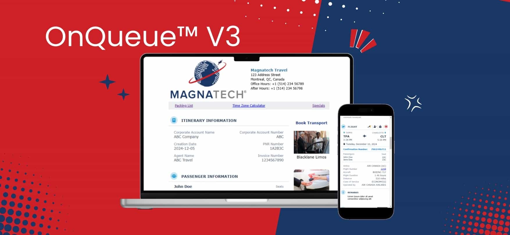 Best Travel Agent Itinerary and Invoice tool is OnQueue V3 by Magnatech.